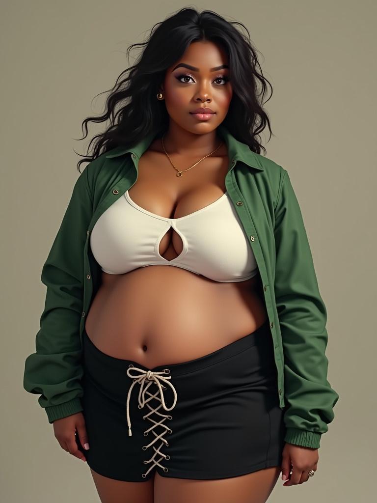 The image depicts a young woman wearing a white keyhole shirt and a green jacket. She has dark tan skin with a curvy figure. Her hair is a messy auburn with a natural flow. She wears a black high-waist lace-up mini skirt. She stands in a neutral pose, predominantly showcasing her shape.