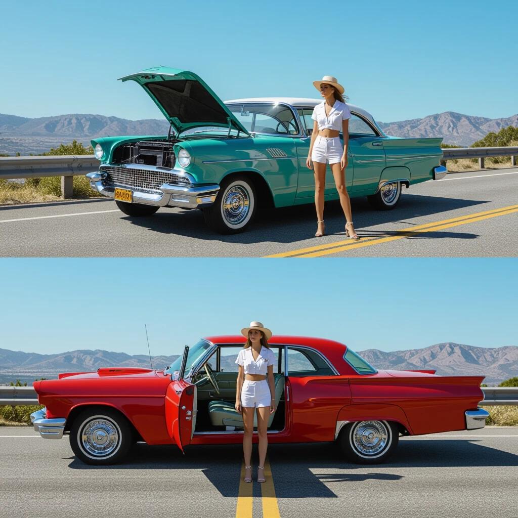 Photograph of a vintage car roadside scene featuring a classic green and white car and a red car. Woman in fashionable outfit standing beside them. Cars have their hoods open showing engine details. Sunny day with mountains in the background. The photograph captures a nostalgic automotive moment.