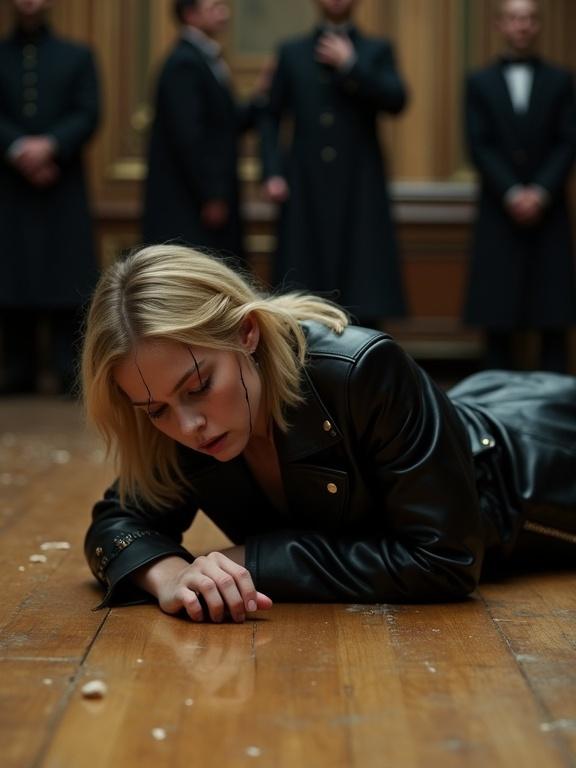 A young woman with shoulder-length blonde hair lies on the wooden floor in a dramatic pose. Her arms are on the floor, and her face is turned down. She wears a black leather coat and shows signs of distress. Dark liquid streaks represent tears on her face. In the background, figures in dark, long coats stand partially blurred. The setting is an ornate hall with a polished wooden floor and scattered light debris.