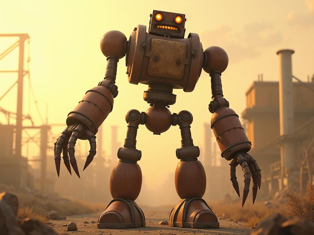 A towering rusty metal robot stands in golden light. The backdrop is a desolate industrial wasteland. Robot has long arms and intricate design. One arm has a big hand with circular-jointed fingers. The other arm has a slender hand with cylindrical fingers and claws. Its head is square, covered with tattered cloth, revealing glowing orange eyes and human teeth. The scene captures the menacing presence of the robot.