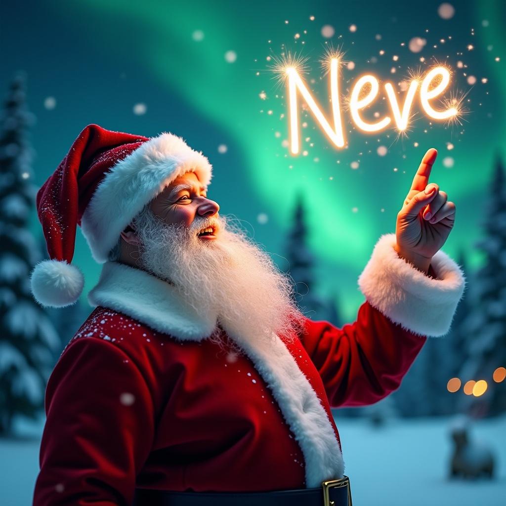 Image of Santa Claus in a red suit pointing with a sparkling wand. The word 'Neve' appears in the sky. Snowflakes are falling around him. Northern lights create a magical backdrop with winter scenery.