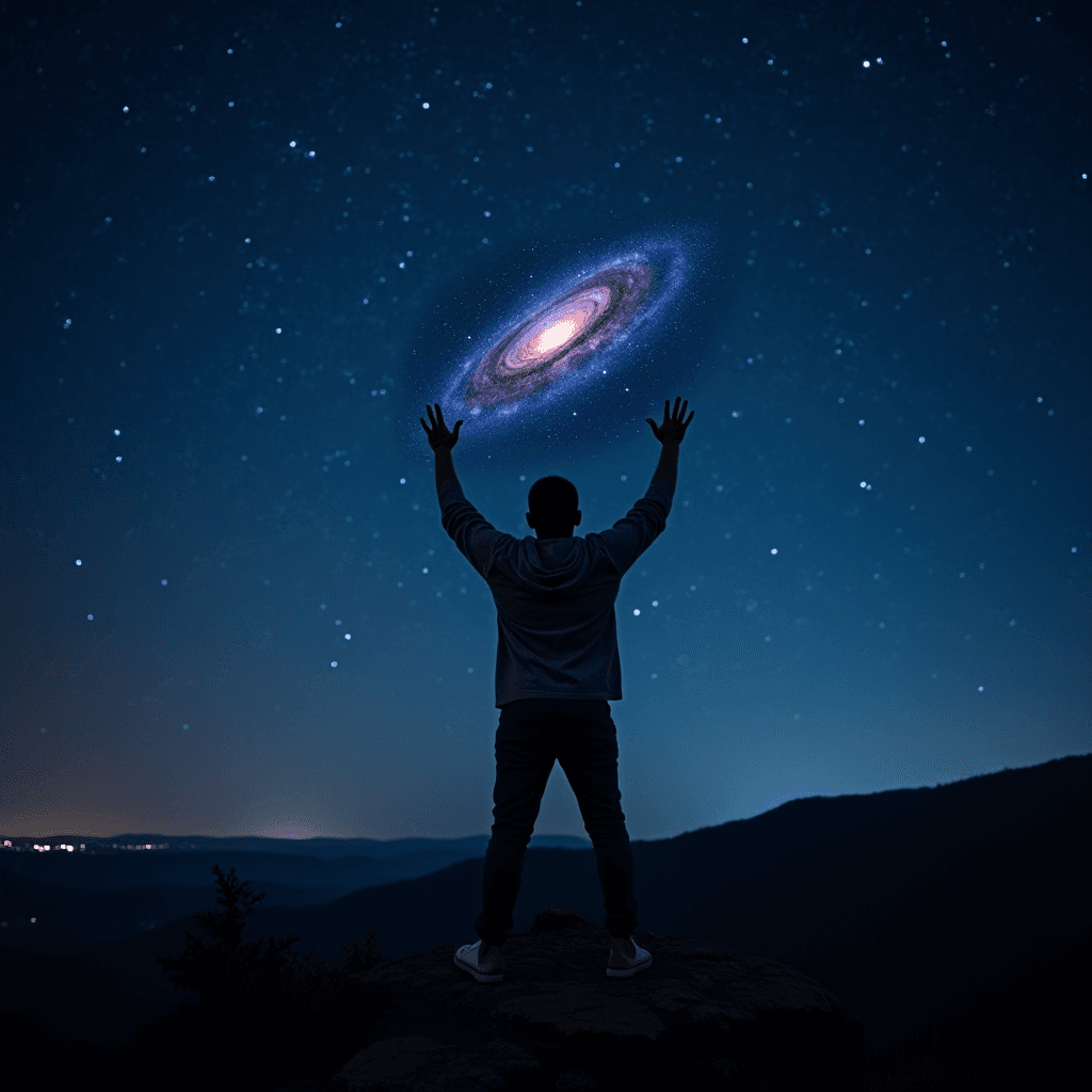 A person stands on a hill under a starry sky, reaching towards a spiral galaxy.