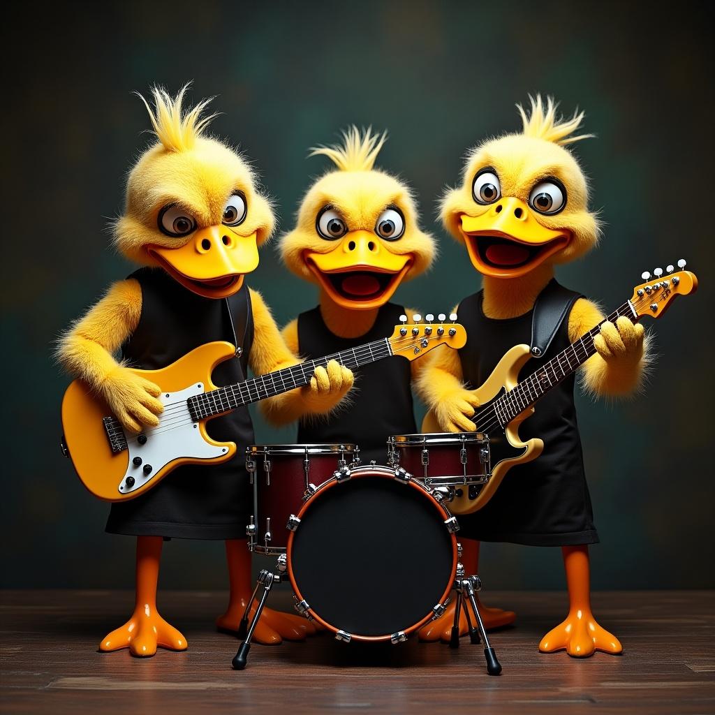 The image showcases three vibrant monster duck puppets with bright yellow feathers. Each puppet has an expressive face and wears a black outfit, adding a humorous yet spooky vibe. One puppet is energetically playing an electric guitar, while another is skillfully handling the bass guitar. The third puppet is getting into the groove on the drums, creating a lively band atmosphere. The setting has a playful tone, making the scene both funny and a little bit scary. Their exaggerated features contribute to a whimsical yet eerie expression.