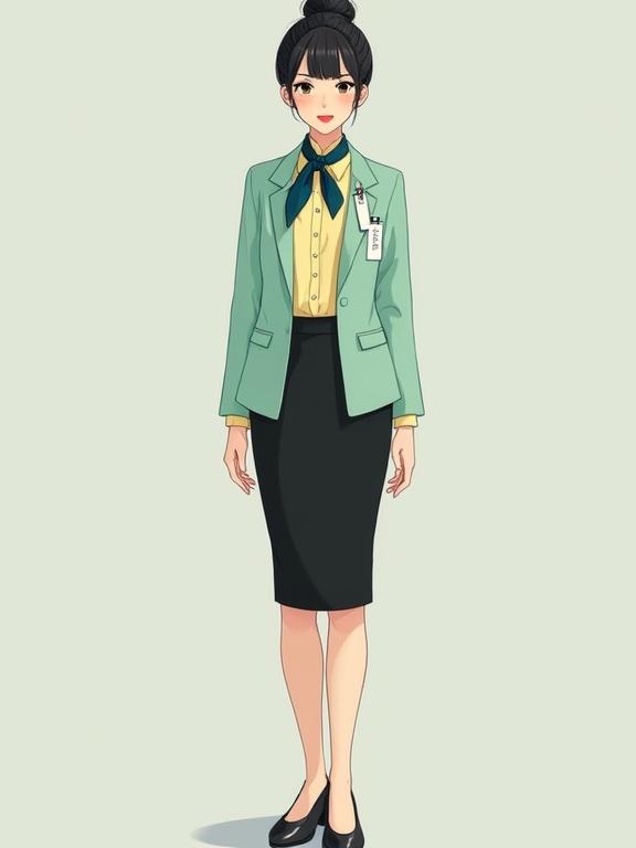Full body illustration of late-20s East Asian female airport ground staff uniform. She wears a pastel-yellow chiffon blouse, mint-green blazer, black pencil skirt, and black closed-toe pumps. Her black hair is tied in a bun, and she has light makeup with red lips. A name tag is pinned on her blazer, and a dark-blue gingham scarf is tied around her neck. The illustration emphasizes a friendly and sincere expression.
