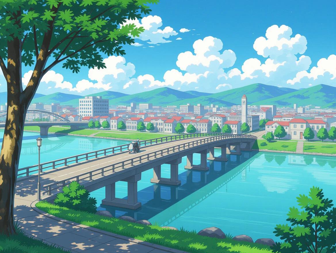 Landscape image featuring a long bridge in a small city illustrated in anime style. Scenic view includes bright blue water and lush greenery. City skyline visible with buildings and white fluffy clouds above.