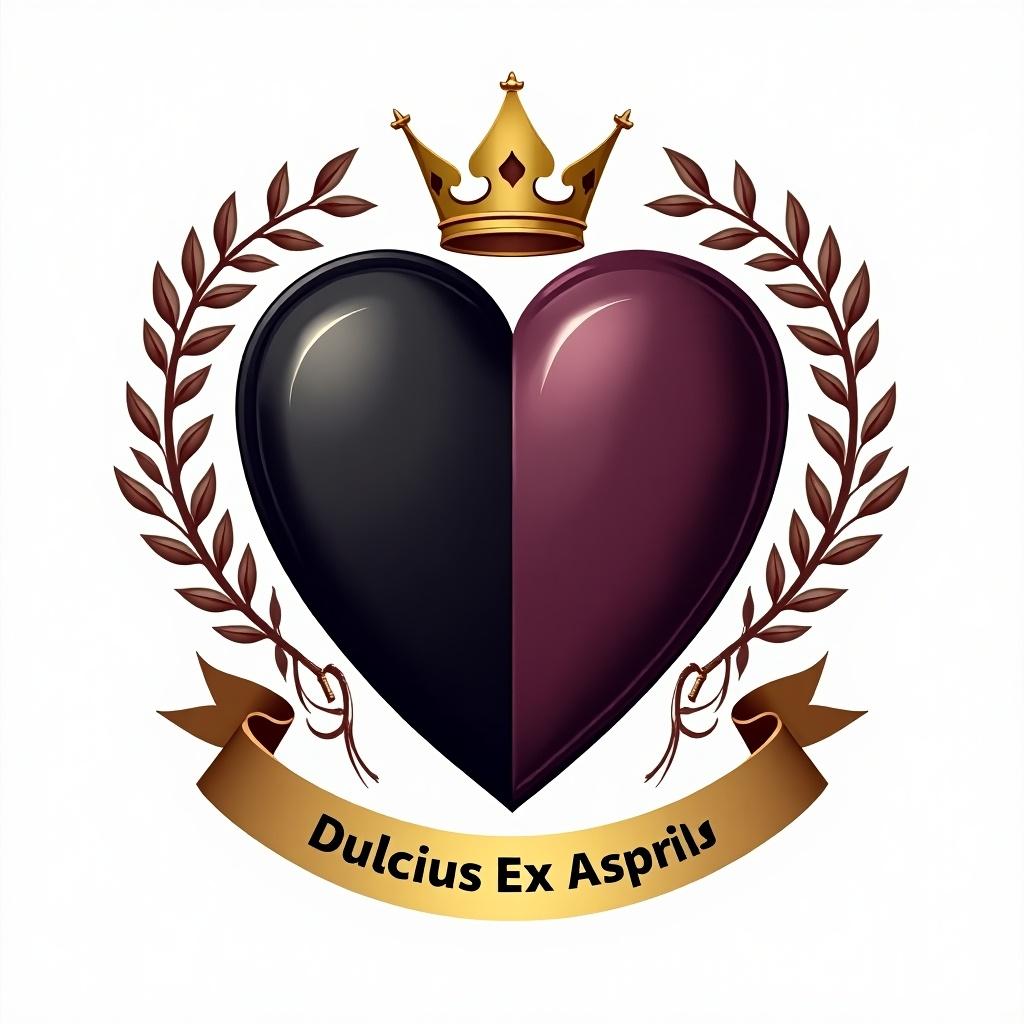 Heart-shaped shield design features halved sections. Left half is black. Right half is dark purple. Surrounded by elegant vines. Golden crown sits on top. Ribbon below contains motto Dulcius Ex Asperis.