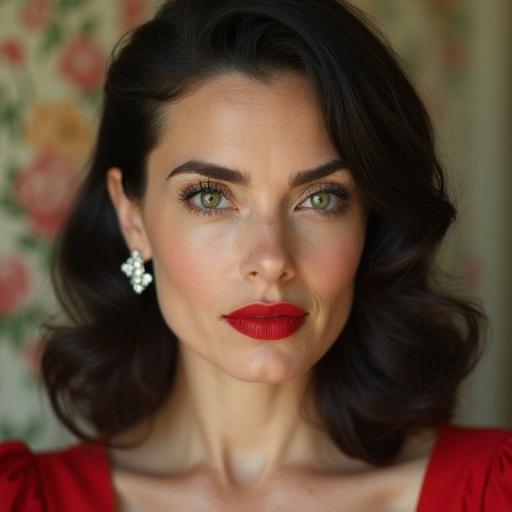 Beautiful woman in 1950's style. Housewife with green eyes. Chubby face and slight wrinkles. Slightly smiling with closed mouth. Wearing diamond hairrings. Big red lips and vintage classic hairstyle. Floral wallpaper background. Slightly side view.