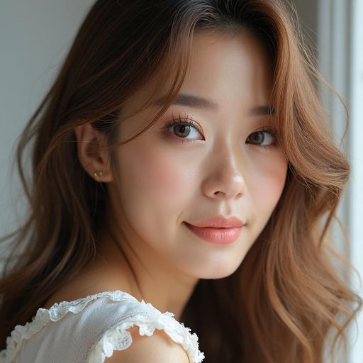 A close-up portrait of a woman with long hair and warm skin tones. She has a gentle expression and natural makeup. The lighting is soft and highlights her features. The overall tone is warm and inviting.
