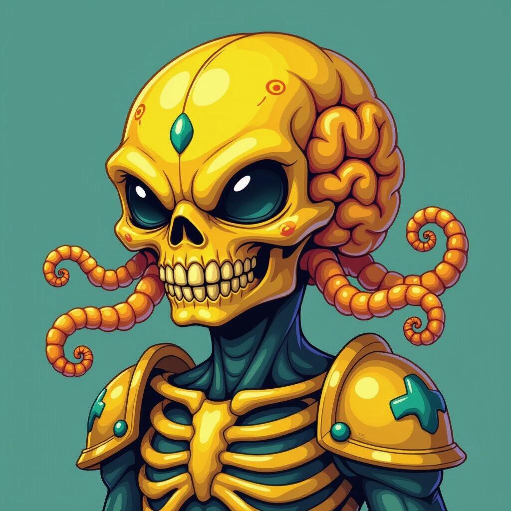 Skelekron Warrior displaying a pale-yellow skeleton. Character features brain tentacles. Cartoon art style with exaggerated features. Bold colors used throughout. Armor gives a fierce appearance.