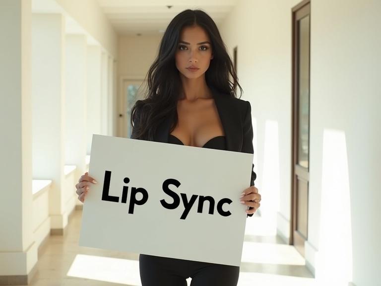 Realistic detailed sleek long black haired woman walking down a sunny white hallway holding a white sign that says Lip Sync in black words