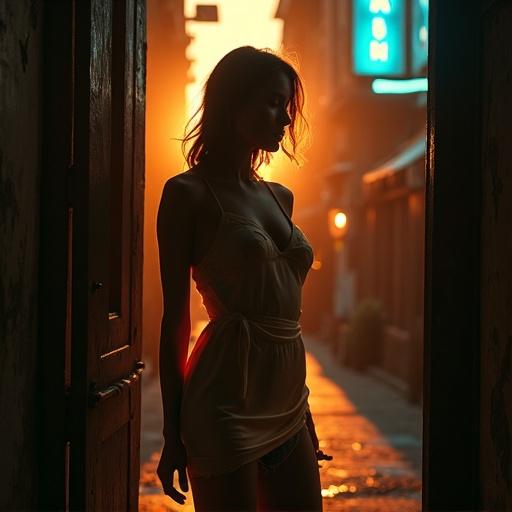 Silhouette of a woman in an alleyway with midday sun filtering through a curtain. Her gaze is forward as if waiting. The dress is silk and damp, clinging to her legs. The neon sign casts shadows across her face. Hand on a rusted gate. Tension in her posture. Warm amber tones bathe the scene. Focus on her lips and neck with blurred background.