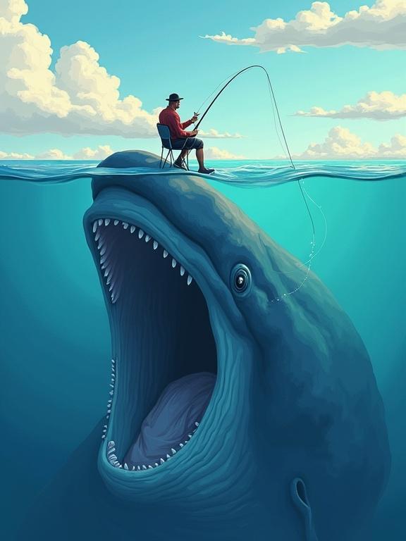 A fisherman sits on a whale. The fisherman is casting a line into the whale's breathing hole. A cartoon-like style is used. The scene shows the whale visibly under the water and the fisherman's calm demeanor. Bright and colorful ocean setting is present.