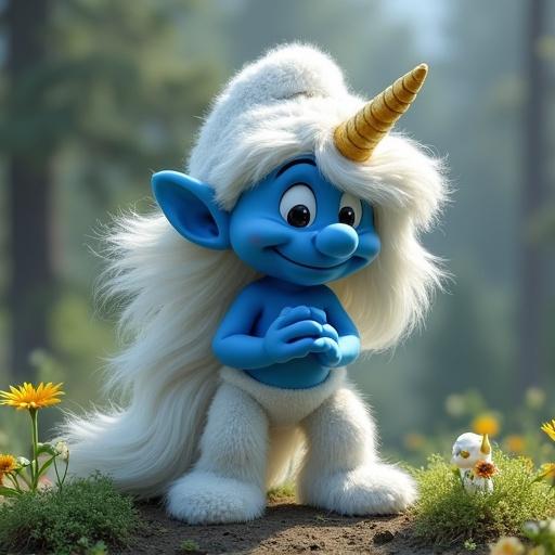 A whimsical Smurf character with a unicorn horn and fluffy, white hair stands in a forest. The character has a playful smile and is surrounded by flowers in a bright, sunny environment.