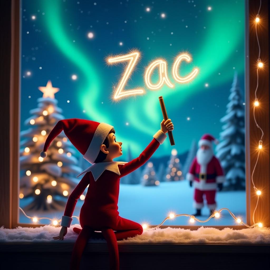 This enchanting scene captures the essence of a magical Christmas night. An elf on the shelf, with his back to the viewer, faces a vibrant night sky. With a wand in hand, he writes the name 'Zac' in sparkling letters above him. The background is filled with beautiful snow-covered trees illuminated by northern lights. In the distance, Santa Claus adds to the festive charm with his presence. The entire atmosphere radiates wonder and holiday magic, enhanced by twinkling lights and cozy decorations.