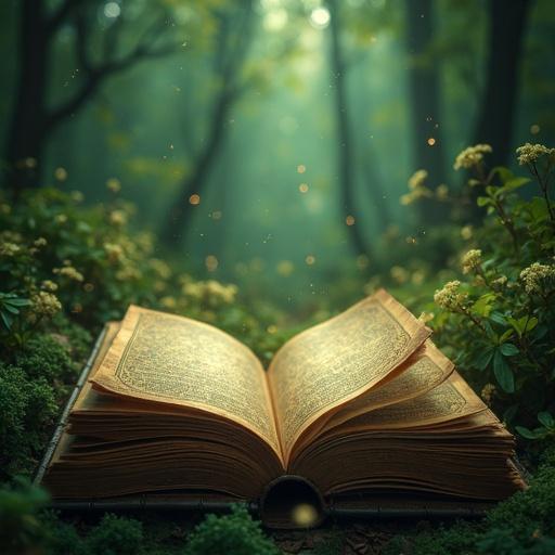 Horizontal hyperrealistic image in Full HD. A central open antique book with dark leather cover and gold details. Illustrated pages with vintage borders. Surrounded by flowers like daisies and wild lilies with dew drops. Enchanted forest background, tall trees and soft light in deep greens and violets. Dreamy atmosphere with glowing particles. Clear center for potential human integration. Hyperrealistic style with detailed textures.