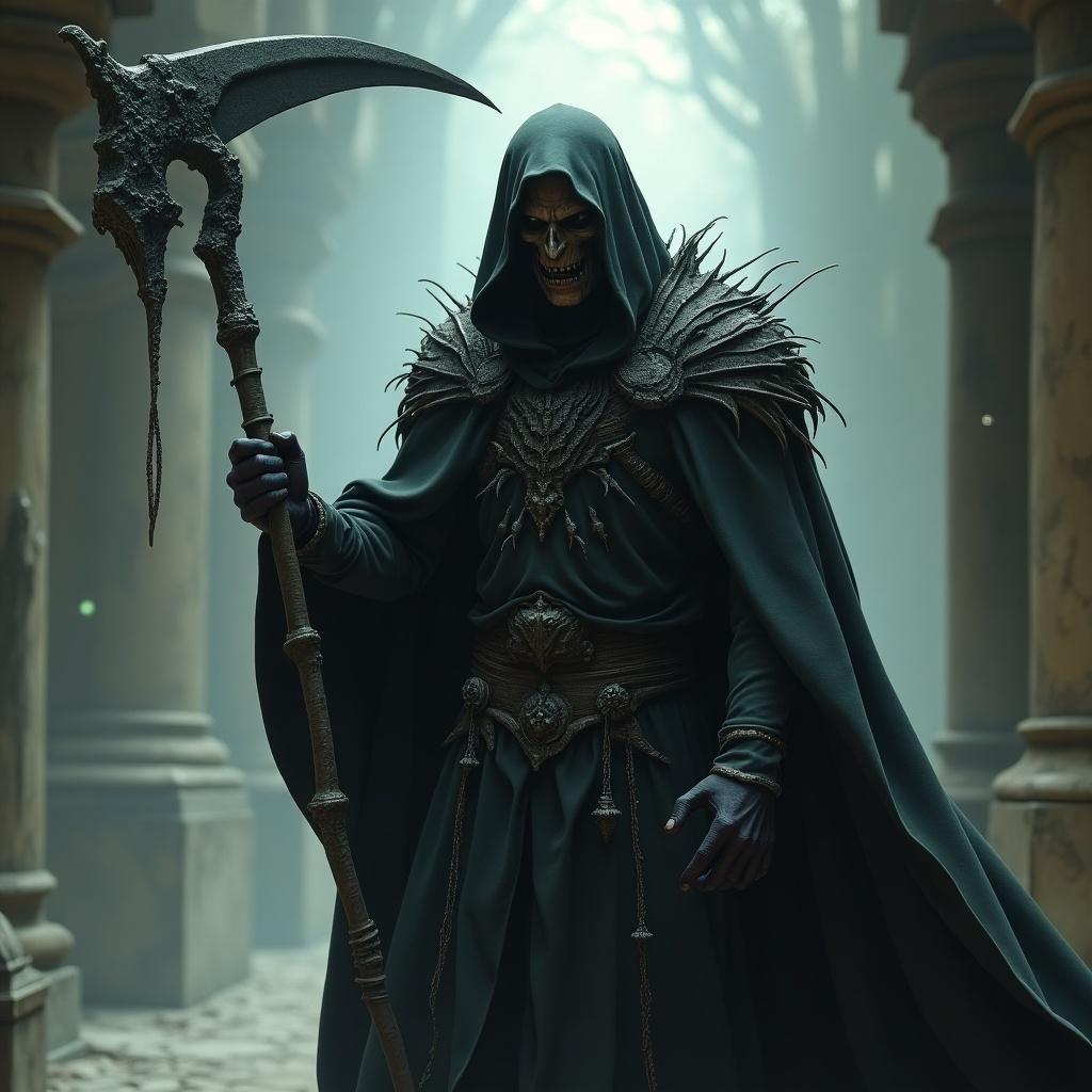 Image depicts a character resembling a demon master. The figure holds a scythe and is dressed in dark robes. Surroundings include stone columns and a foggy atmosphere. The lighting is ambient and mystical.