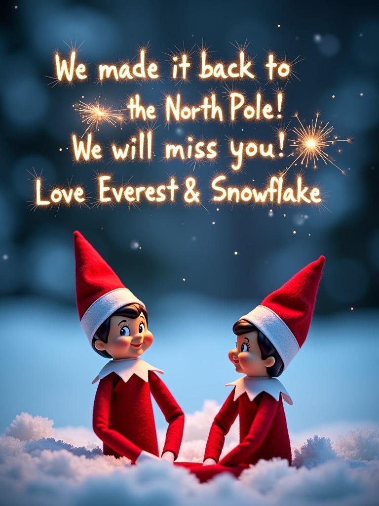 Image features Elf on the Shelf characters in a snowy landscape at night. Two elves sit in white snow with a festive message above. The scene conveys joy for the Christmas season. Sparkler writing illuminates the night sky.