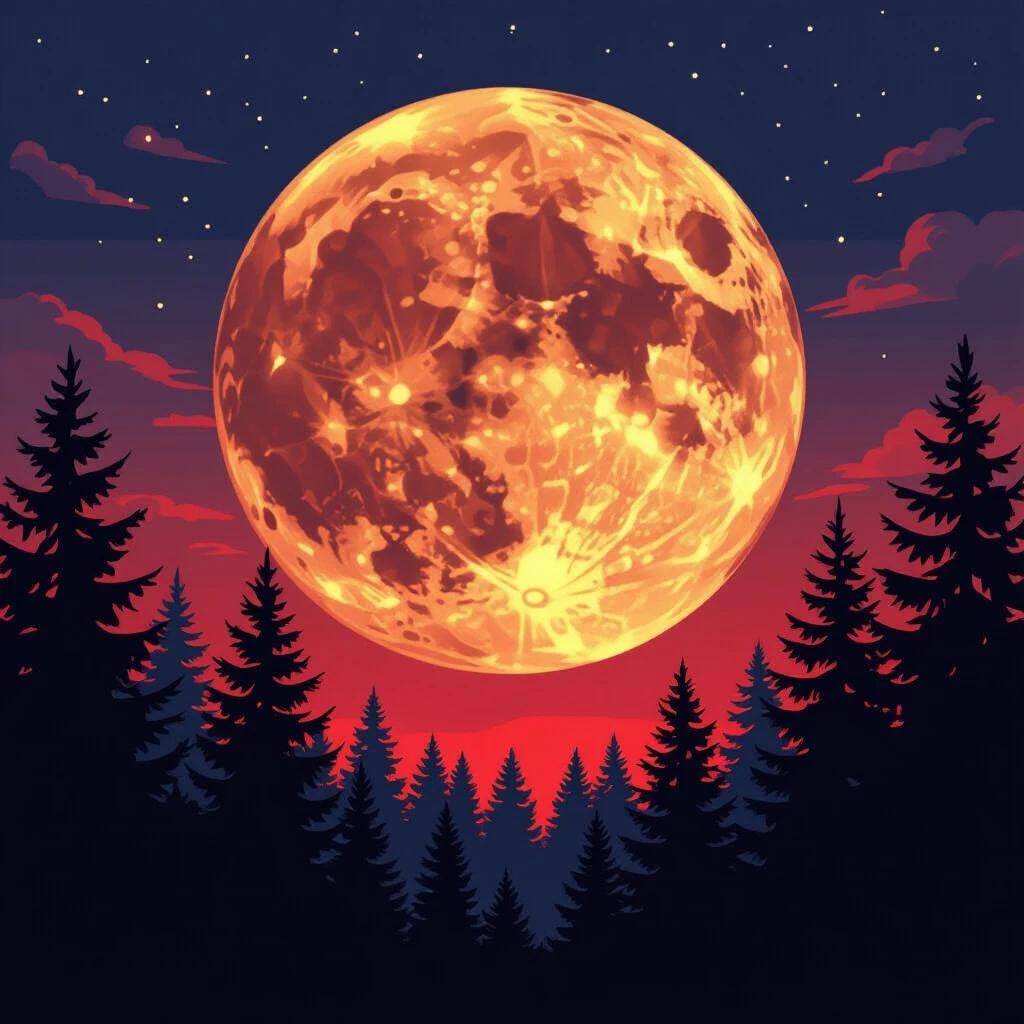 A large red full moon hangs in a dark blue night sky. The moon appears grandiose and glowing. Pine trees create a silhouette against the light. The overall atmosphere feels mysterious. The style reflects comic book art.
