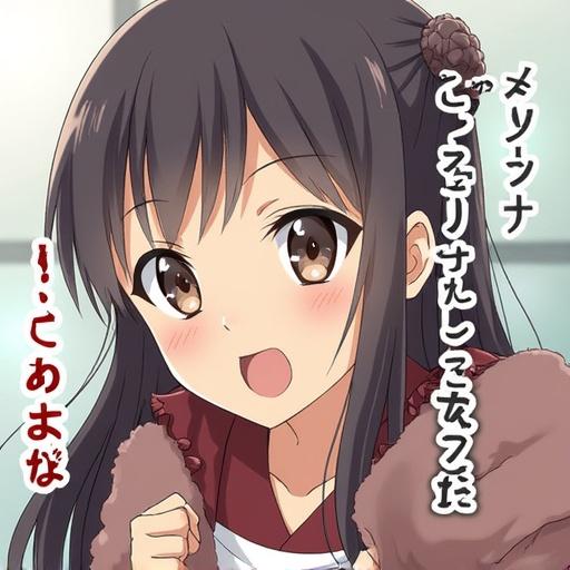 Anime character with a joyful expression wearing a cute outfit. Soft colors are prominent in the design.