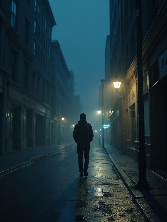 Cinematic scene featuring a lone figure walking down an urban street at night. Soft streetlamp illuminates the scene. Gentle rain falls, creating a moody atmosphere. Deep blues and grays blend into a starry night sky. Shadows of a man flicker like ghosts. Old Polaroid photos of a couple drift across, dissolving into sepia particles. Style is dreamy and emotional, evoking heartbreak and lost love.