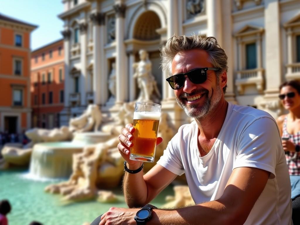 A smiling man with sunglasses holds a beer glass in front of an ornate fountain in a vibrant city square. The scene captures a sunny day with people in the background, framed by classic architecture.