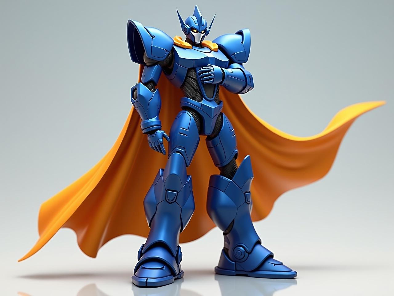 A robot stands confidently with its arms folded. The robot is wearing a vibrant blue armor with intricate mechanical details. A flowing orange cape drapes elegantly from its shoulders, adding a dynamic feel to its pose. The background is a smooth gradient that highlights the robot's metallic finish. The overall design is sleek and futuristic, suggesting advanced technology and strength.