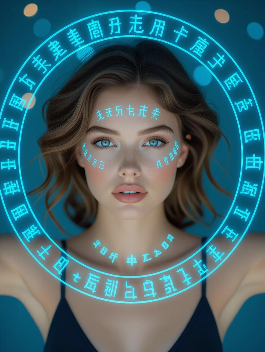 Photograph of a woman with fair skin and blue-green eyes in a t-pose. Wavy brown hair is slightly messy. She gazes at viewer with a neutral expression. Surrounded by glowing blue symbols on her face and skin. Bright blue light creates a magical effect. Dark blurred background with circular light patterns. High detail and realistic with fantasy elements.