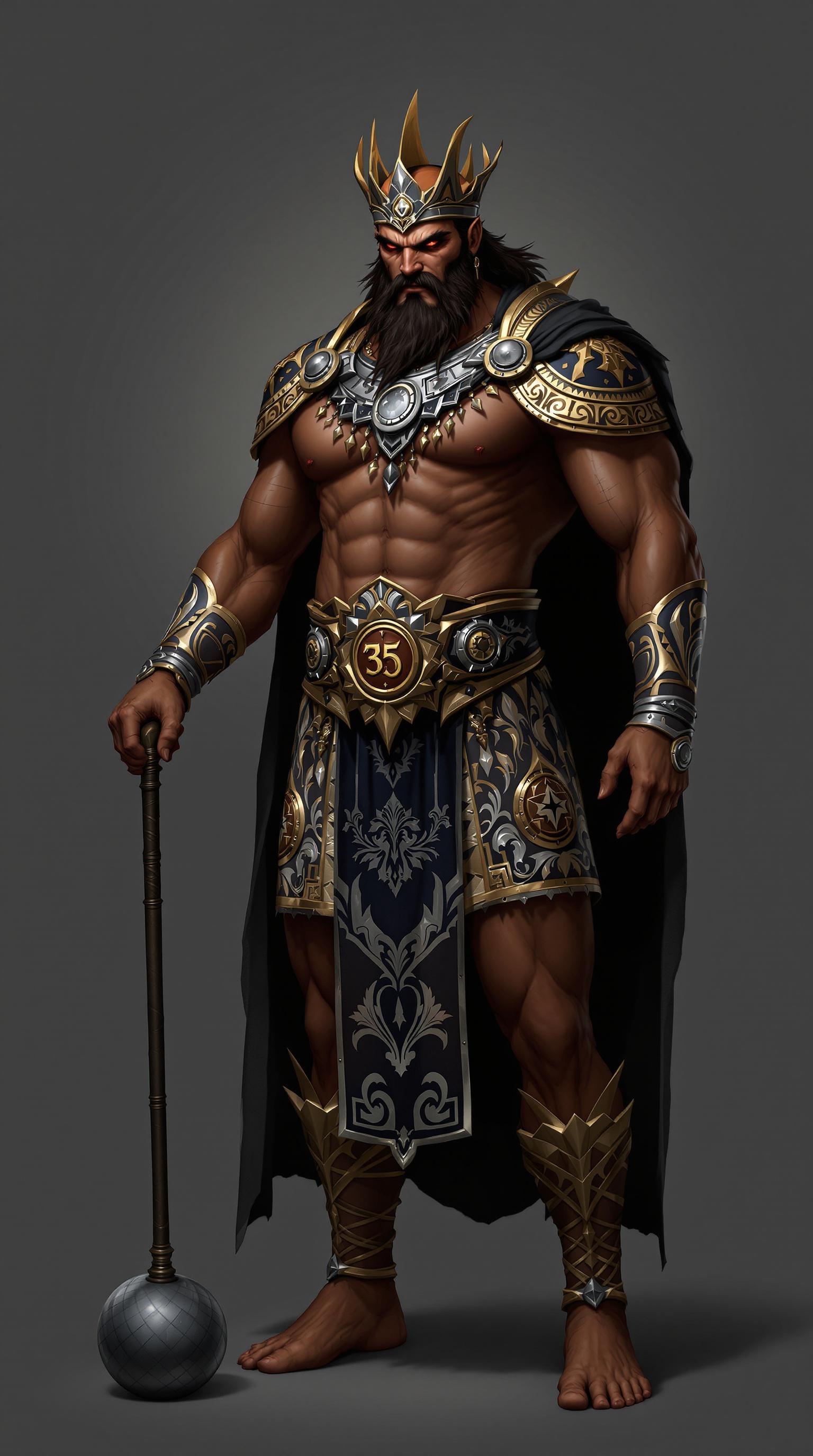 This image depicts a tall, imposing Indian man, around 35 years of age. He has a muscular build and is dressed in dark royal robes adorned with intricate silver and gold patterns. The character wears a crown with a menacing design that adds to his powerful presence. His weapon of choice is a round mace, which he carries confidently, showcasing his warrior status. The background is a neutral tone that allows the character to stand out as the main focus.