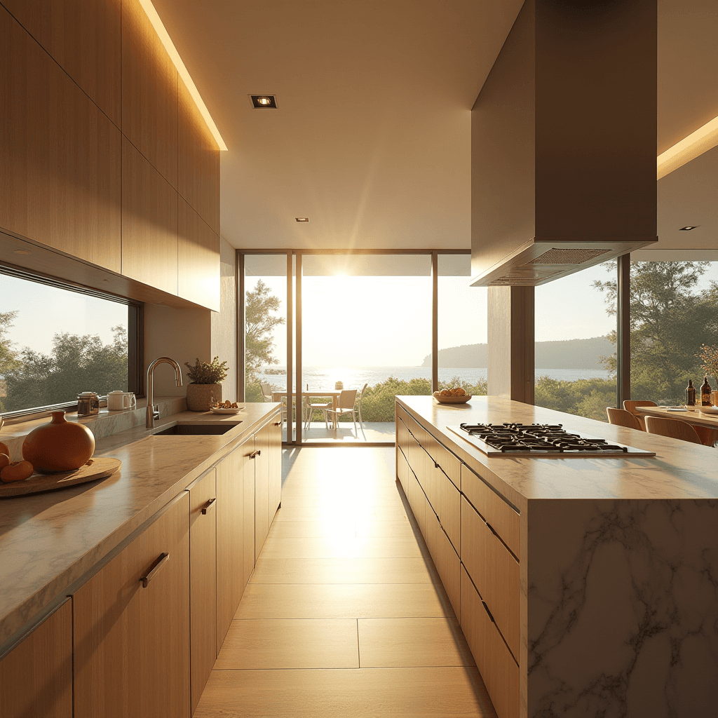 A modern kitchen with wooden cabinets and marble countertops is illuminated by sunset through large glass windows overlooking a scenic outdoor view.