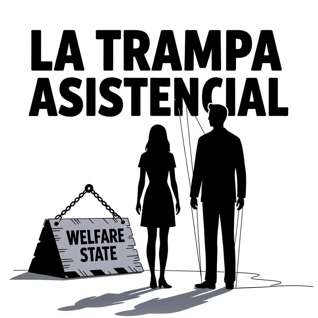 Minimalist digital illustration of a human figure standing in front of a trap labeled Welfare State. Puppet strings attached to limbs. Neutral background. Bold text overlay in Spanish: La Trampa Asistencial.