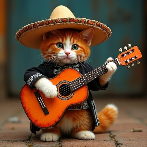 Cat with orange and white fur wearing a sombrero and holding a guitar styled like a mariachi costume