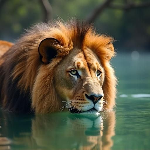 Lion reflecting in water. Close-up profile of a lion with a lush green background. Soft natural light enhances the lion's features.