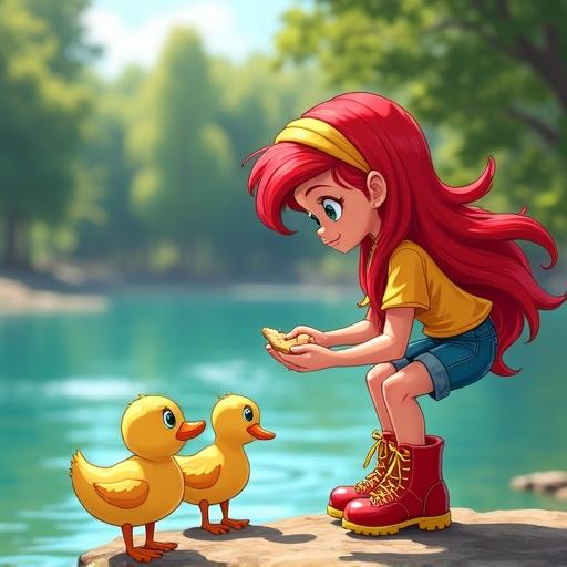 A human girl with long red and yellow hair interacting with baby ducks at a park lake. She wears a colorful red and yellow shirt and blue denim shorts. Bright red hiking boots with yellow laces are on her feet.