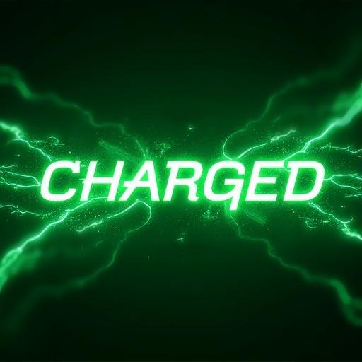 Modern abstract artwork representing song titled 'Charged'. Sleek stylish vibe with futuristic elements. Vibrant shades of green reflecting energy and growth. Bold dynamic font for 'Charged'. Theme feels charged dynamic and full of motion with abstract elements.