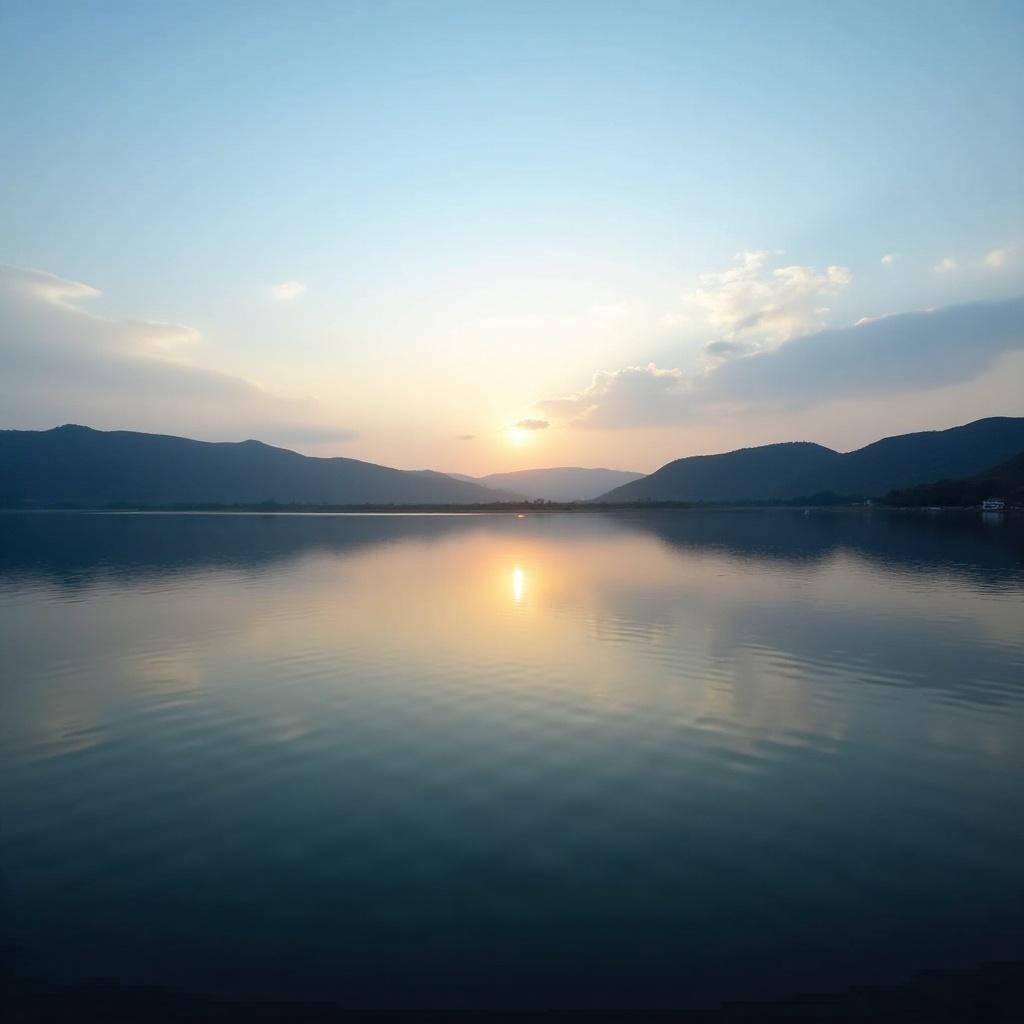 The image captures a serene sunset over Khdakwasla Dam. The calm waters reflect the colorful sky, creating a tranquil scene. Mountains frame the background, enhancing the peaceful atmosphere. Gentle waves ripple across the lake's surface. This picturesque view showcases the beauty of nature at dusk.