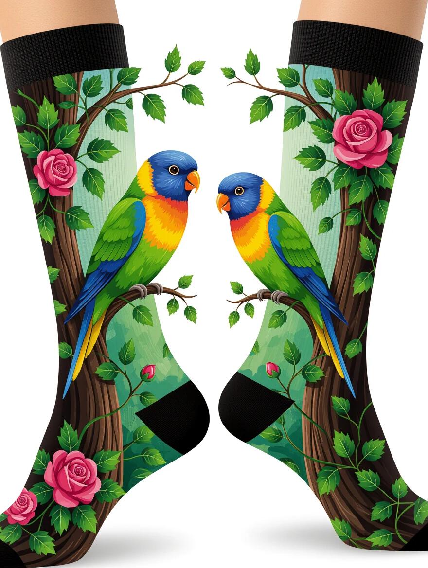 Close-up view of black thigh-high socks. Image features lovebirds snuggling in a tree with ivy and roses. Vibrant dark colors emphasize the design. Professional high definition photograph with a black background.