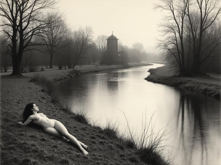 Naked woman lying on ground by winding river on autumn day. Close-up shot. Black and white etching with ink textures. Soft autumn colors through ink shading. Gentle river ripples and mill reflections. Overcast sky with diffused light. Highly detailed, reminiscent of 19th century aesthetics.