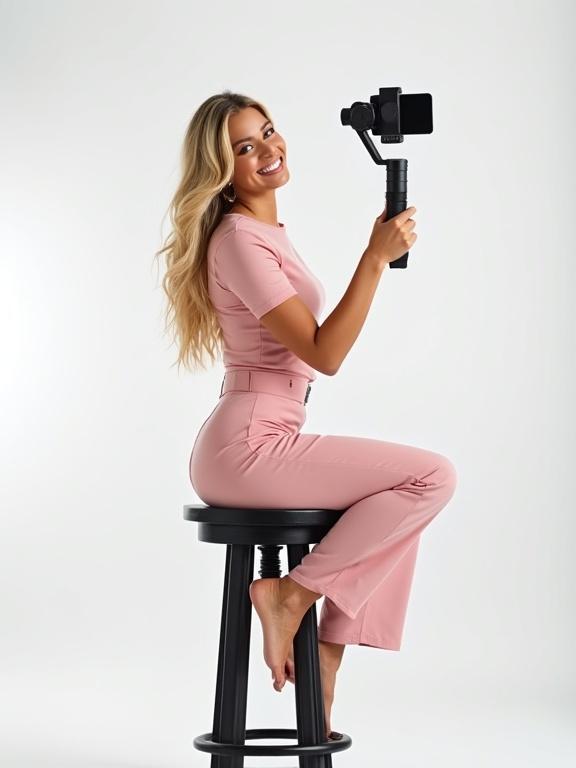 Confident model with blonde hair holds gimbal with iPhone 16 Pro Max sits on black stool. She wears blush pink pantsuit and smiles at camera. Full-body shot in clean studio with white background.