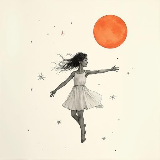 A neutral human form fully colored with no facial features. The figure is levitating in space, conveying happiness and freedom. Surrounded by stars and a large orange planet. The style is a monochrome minimalist sketch with delicate ink lines on textured paper, embodying a serene mood inspired by traditional Asian brushwork.