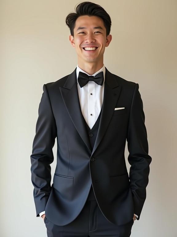 Joyful young groom standing in full frontal classical wedding pose. Elegant classic wedding suit. Smiling brightly with genuine happiness. Full-body semi-realistic style.
