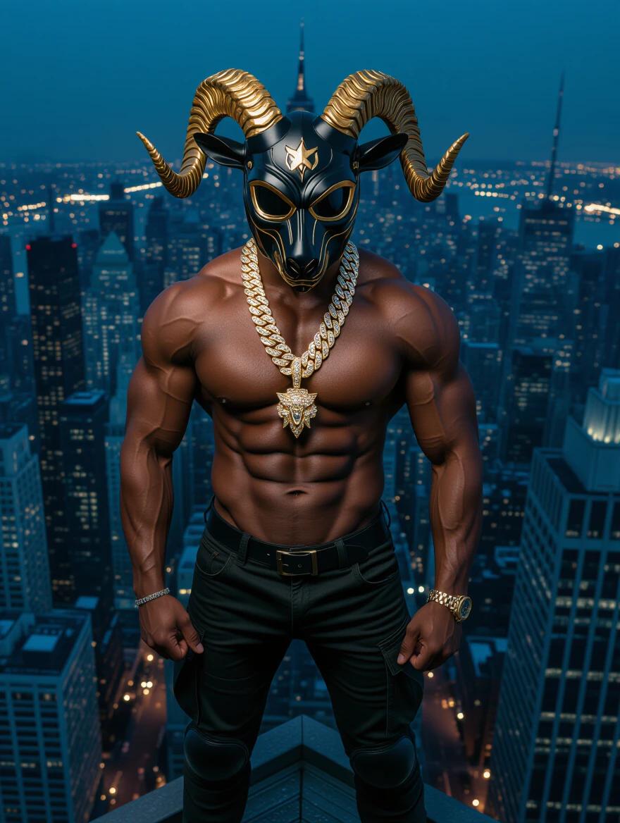 Ultra photorealistic image of an extremely defined muscular brown skin man without a shirt. Man wears a full predator mask that features dark reflective eye lenses. He wears a massive 24 karat gold Cuban link necklace and a diamond-covered goat head medallion. Rugged black fatigues and black combat boots complete the look. The scene captures him standing atop a tall city building at night, looking down at the city illuminated by city lights.
