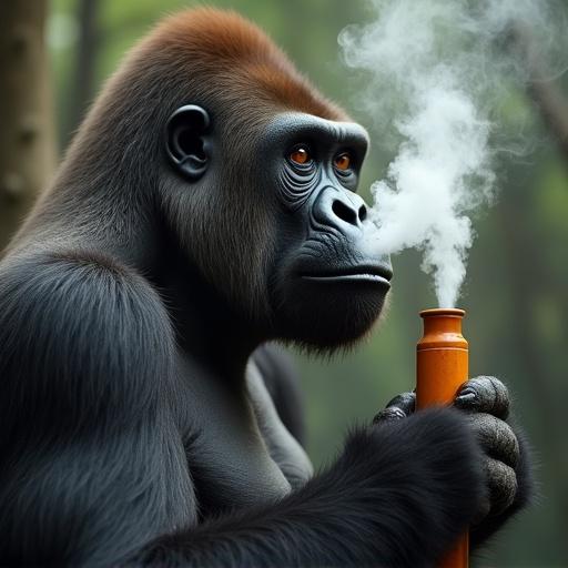 Gorilla holds a smoking bong in a forest. The gorilla has a serious expression. Smoke rises from the bong. Lush greenery surrounds the scene. Capture the details of the gorilla's fur and the bong's material.