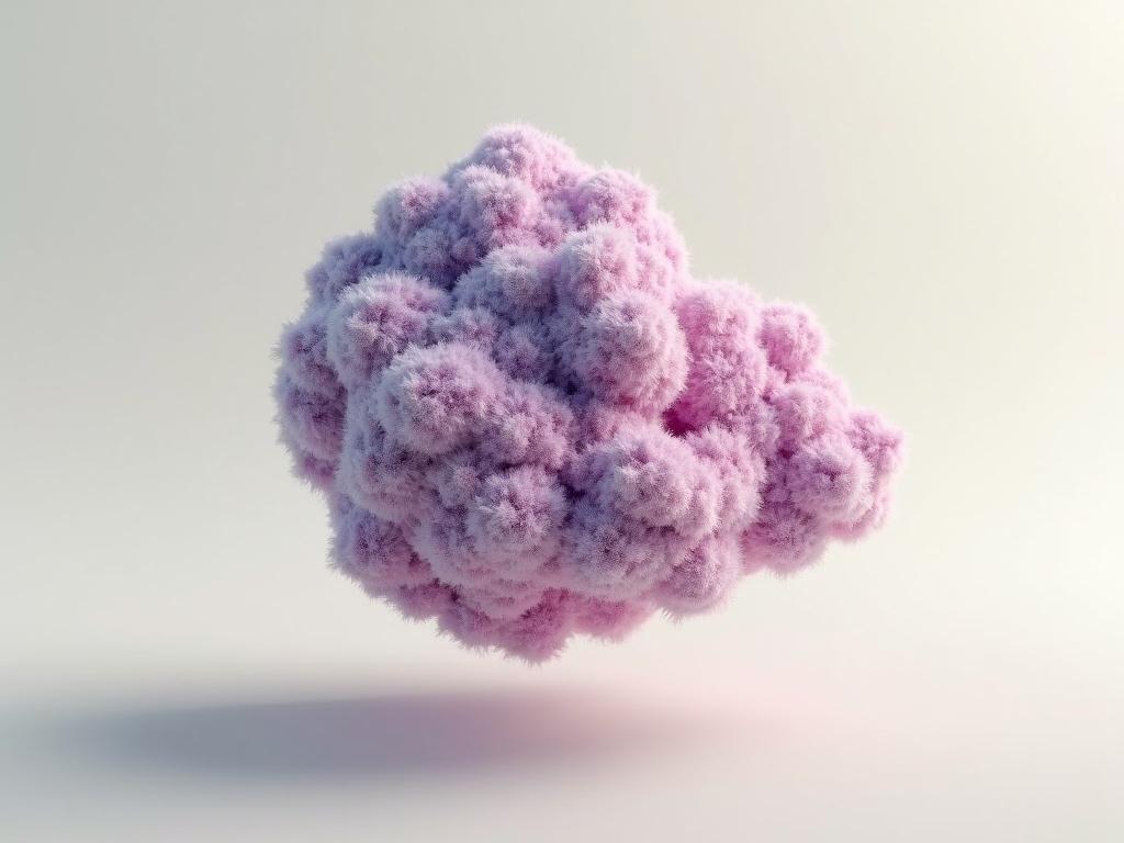Vivid 3D visual of a single alien mineral in space. Covered with fluffy pink lavender growths. Isolated against a light neutral backdrop. Organic intricate texture. No other objects present.