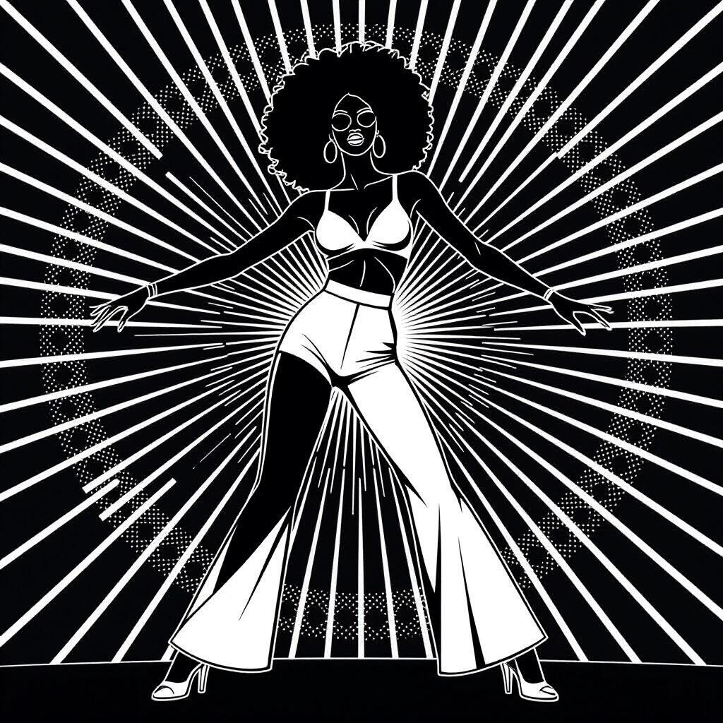 Minimalist line drawing of a disco dancer. Design includes clean white lines on a black background. The dancer exhibits dynamic movement in flared pants. Simple composition with no shading. Focus on rhythm and energy.