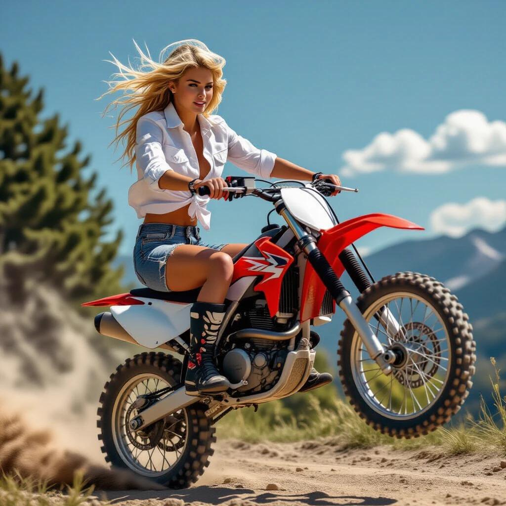 Girl rides an off-road motorcycle performing a wheelie. She wears a white knotted shirt and ripped denim shorts. Black motorcycle boots and tousled hair styled in punk fashion. Photograph in a natural outdoor setting with bright colors. Female biker showcases confidence. Side view capture of the action.