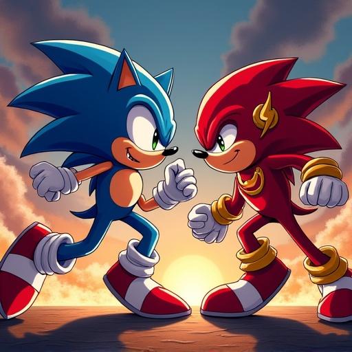 Sonic the Hedgehog faces off against an alternate version of Flash in a dramatic setting. Characters are animated and stylized. Background features a sunset with clouds. Sonic has bright blue quills and red shoes. Flash appears in red with lightning motifs. Both characters exhibit excitement and determination. Focus on their facial expressions and stances.