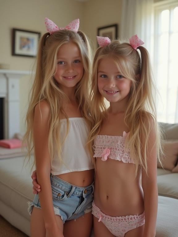 Two girls with blonde hair smiling. They have long hair styled in twin tails with bows. The setting is a living room for a birthday party. One girl wears a crop top and the other has a bikini top. The atmosphere looks cheerful and playful.