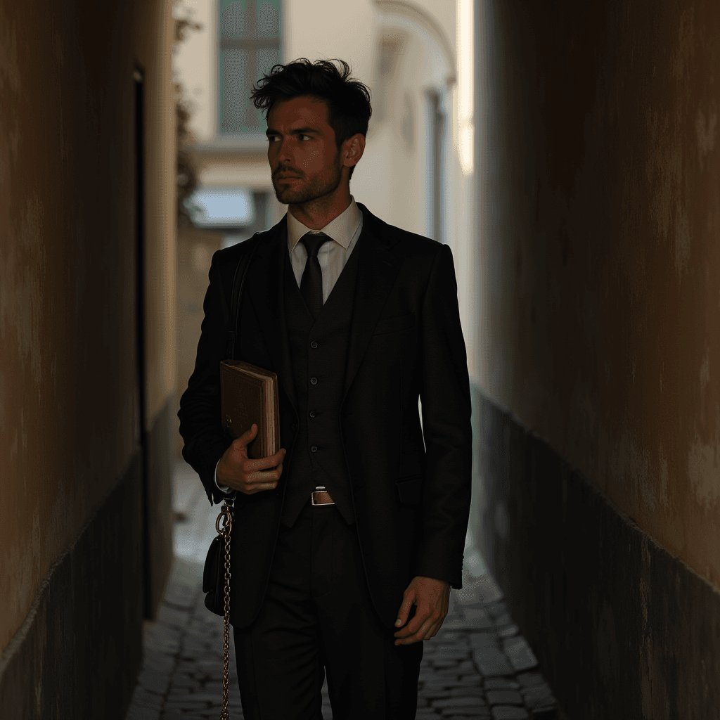 A well-dressed man in a suit walks through a shadowy narrow alley holding a book and a bag.