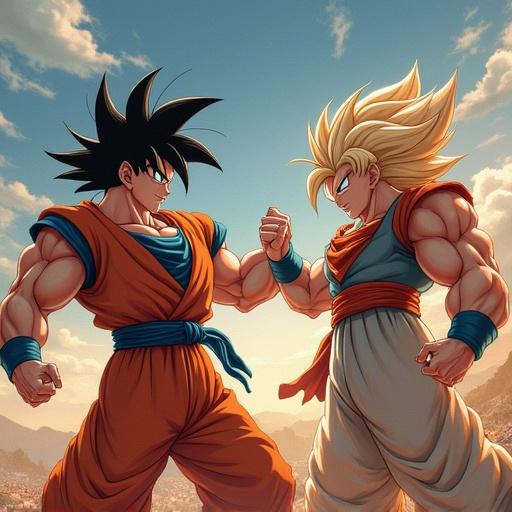 Goku and Frierien depicted in a dynamic pose facing each other in a vibrant landscape. Characters portrayed with distinct hairstyles and outfits typical to their design. Background features a sunset sky and distant mountains.