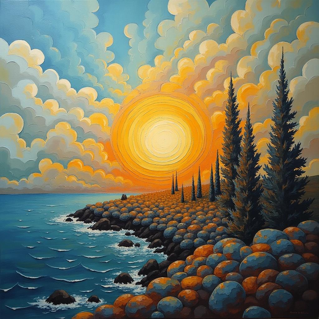 This artwork features a vibrant landscape depicting a tranquil shore under a bright sun. The sky showcases an array of swirling clouds in hues of orange and blue. Silhouettes of tall, dark trees line the coast, providing a stark contrast to the warm colors. The shoreline is dotted with rounded stones, enhancing the serene atmosphere of the scene. The overall composition evokes themes of nature's beauty and the importance of solar energy.